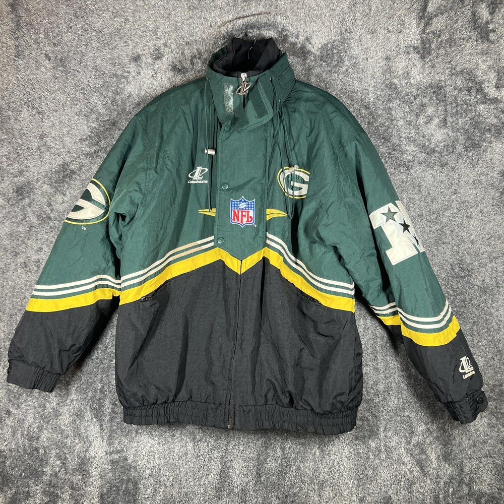 Green Bay Packers Jacket Mens Large Green Quilted Hooded Insulated Pro Line NFL